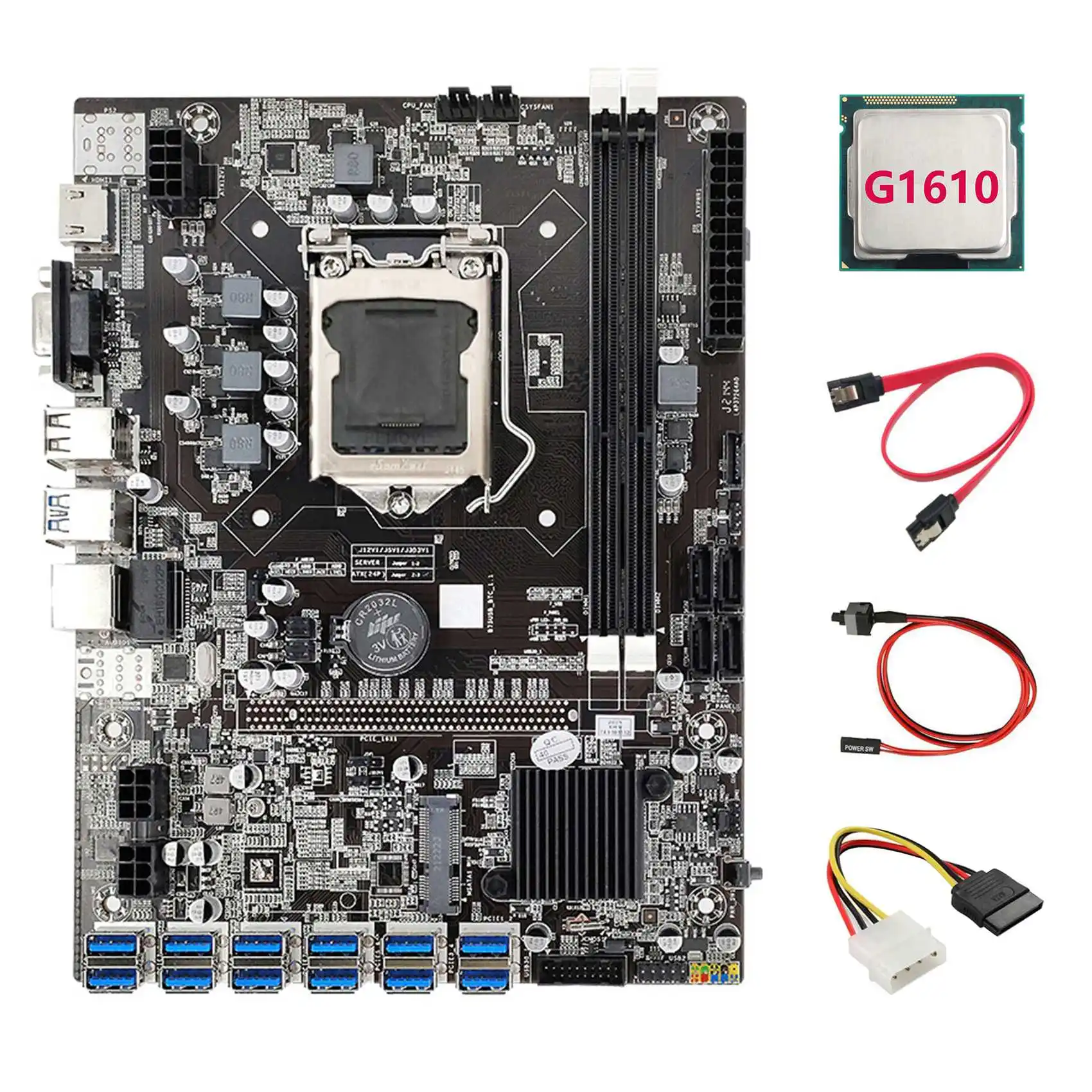 B75 ETH Miner Motherboard 12 PCIE to USB3.0+G1610 CPU+4PIN IDE to SATA Cable+SATA Cable+Switch Cable LGA1155 Motherboard