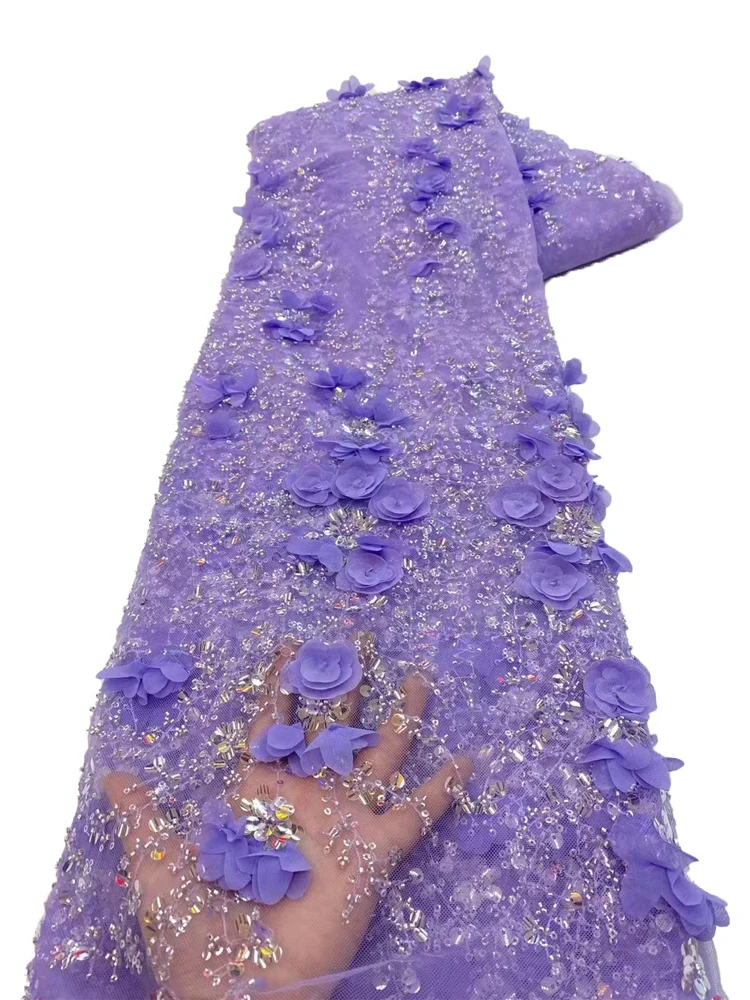 

Purple 3D Beaded Lace Fabric 5 Yards Luxury Bridal Tulle Lace Fabric Embroidered Applique African Fabric For Wedding Dress YY347