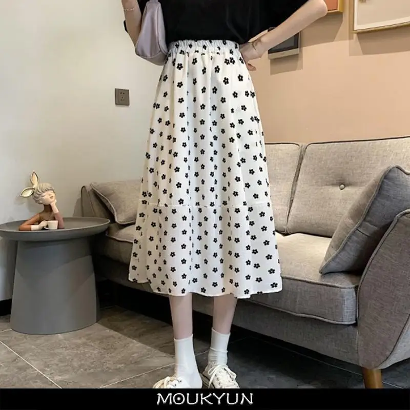 

MOUKYUN Floral White Skirt Spring Women's Country Style A Line High Waist Elastic Midi Skirts Ladies Casual Loose Chic Skirts
