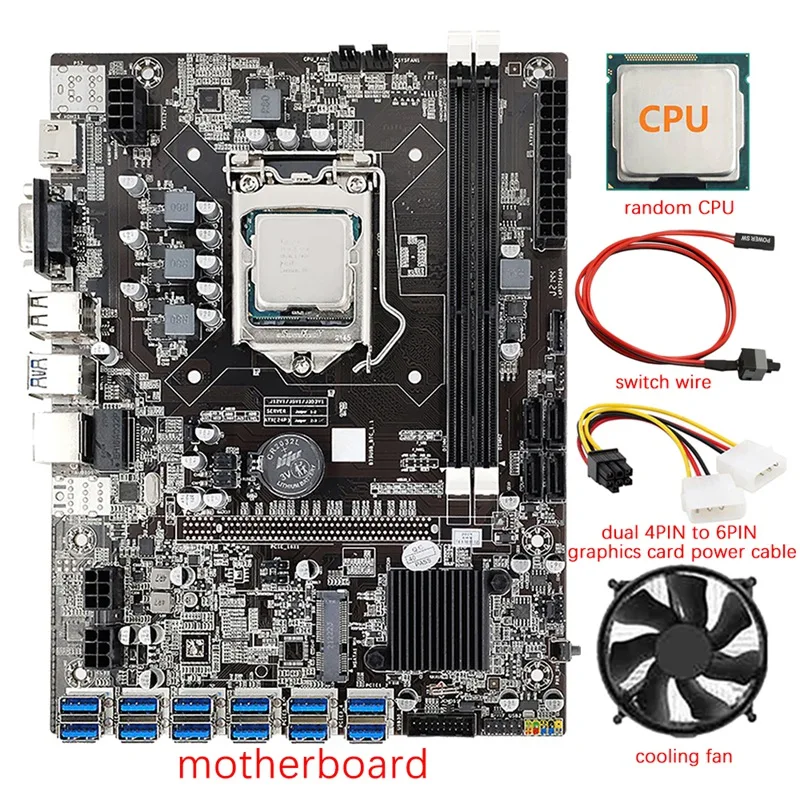 

12 GPU B75 Mining Motherboard+CPU+CPU Fan+Power Cable+Switch Cable 12X USB3.0(PCIE) LGA1155 DDR3 RAM SATA3.0 For BTC/ETH