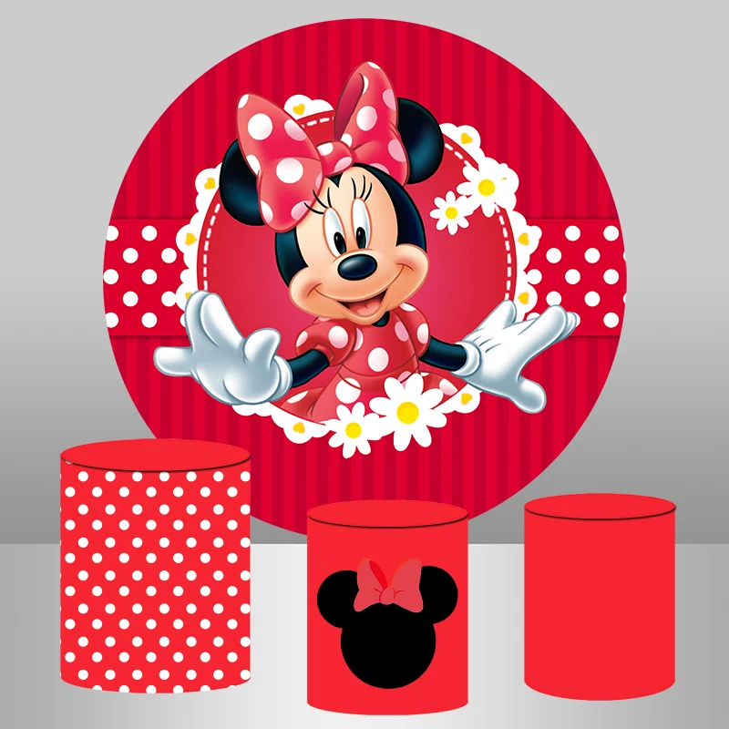 

Red Dance Minnie Round Backdrop Cute Girls Baby Shower 1st Birthday Party Circle Background Dessert Table Banner Plinth Covers