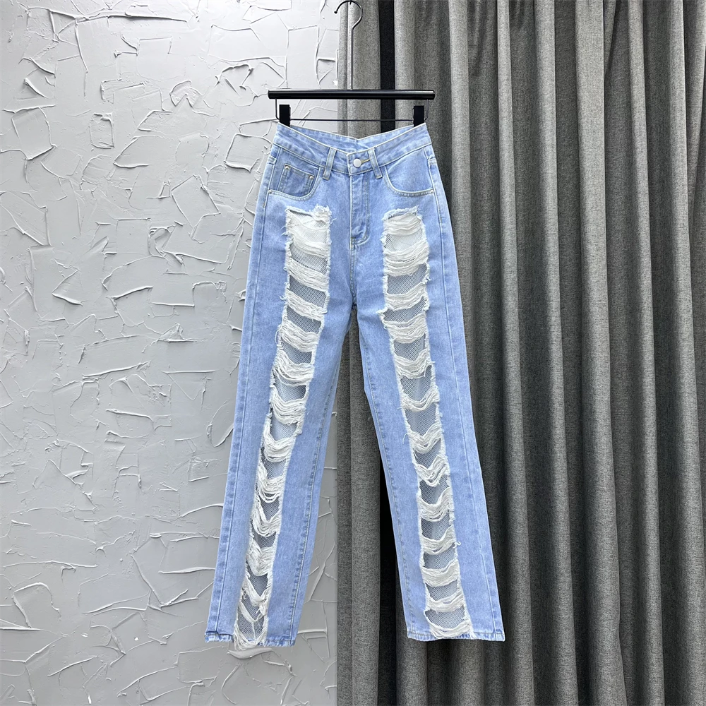 

Hot Girl Jeans Female Worn Holes Ripped Street Denim Trousers High Waist Washed Straight Pants 2023 New Summer Jean for Womens