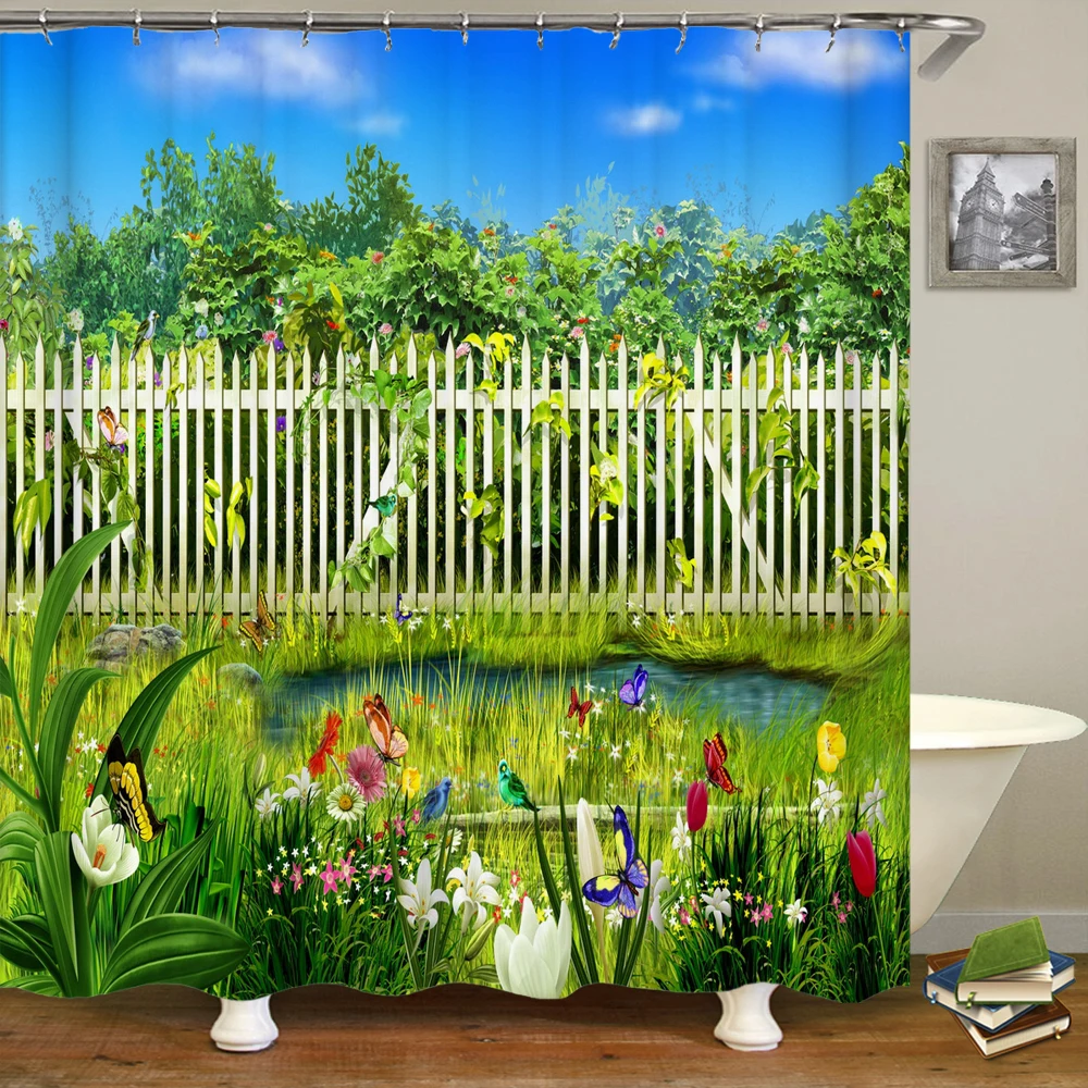 

Spring Meadow Bath Curtains Blue Sky Colorful Flowers Butterfly Green Plant Print Pattern Waterproof Bath Curtains with Hooks