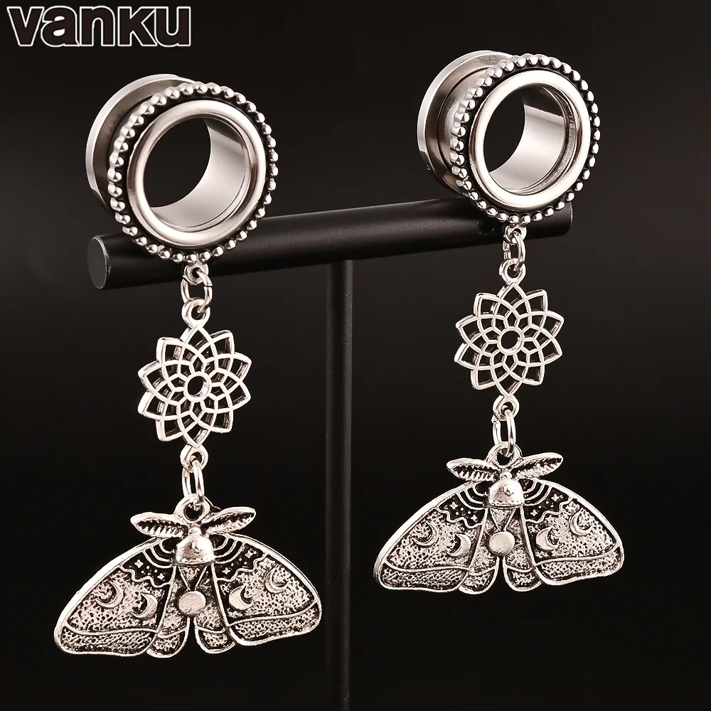 

Vanku 2PCS New Stainless Steel Fashion Moth Dangles Ear Piercing Tunnels Plugs Hangers Ear Gauges Ear Stretcher Jewelry