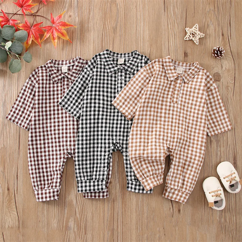 

0-24 Months Baby Boys Casual Fashion Clothes Plaid Pattern Button Front Long Sleeve Lapel Romper for Newborn Kids Autumn Spring