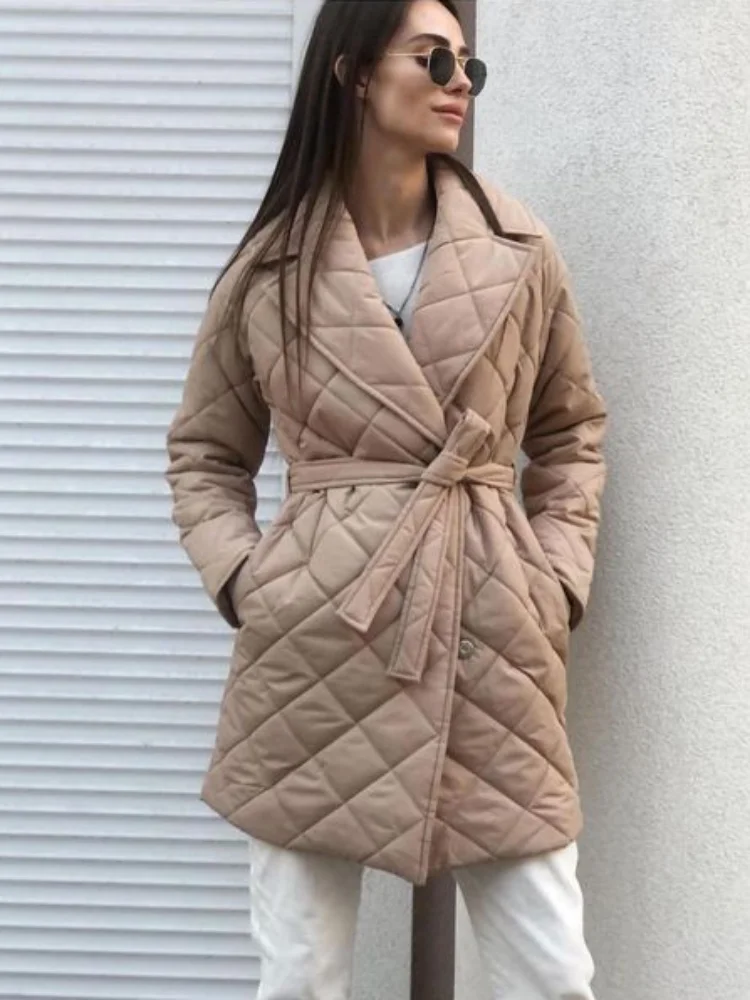 Winter Fashion White Argyle Parkas with Belt Women's Vintage Warm Khaki Cotton-padded Coats 2022 Ladies Long Jackets Streetwear