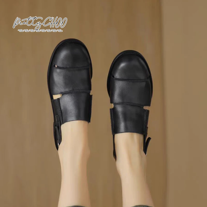 Сандалии женские в греческом стиле мягкая кожа Круглый закрытый носок ремешок на