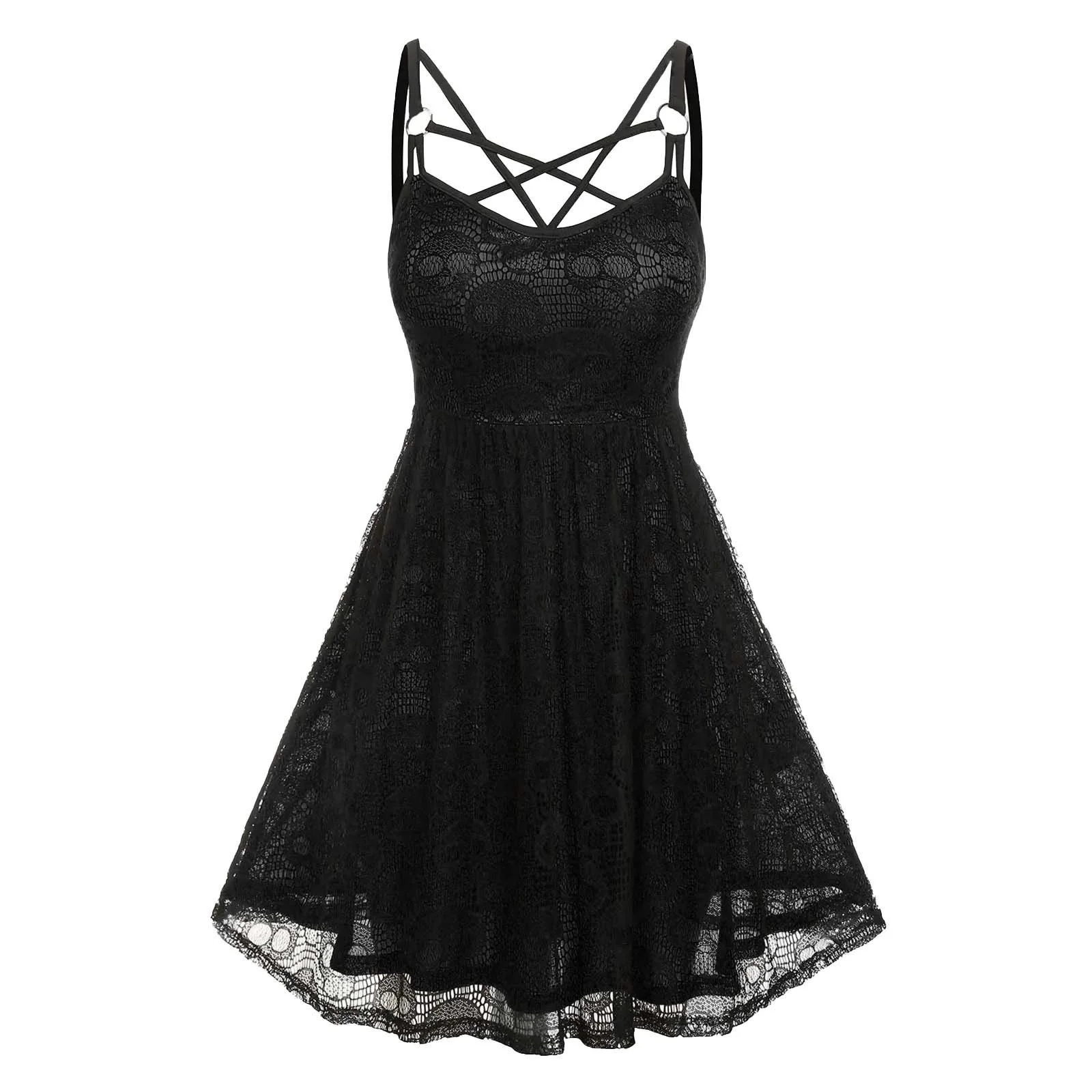 

Fashion new women's lace skull lace suspender sexy solid color nipping waist A-line dress gothic slip dress