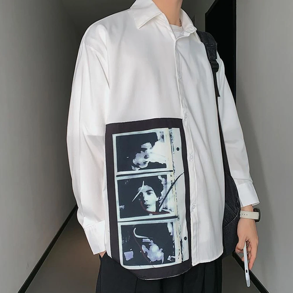 

Summer Loose White Long-sleeved Casual Shirt Men's Fashion Single-breasted Street Retro Patch Abstract Face Literary Trend