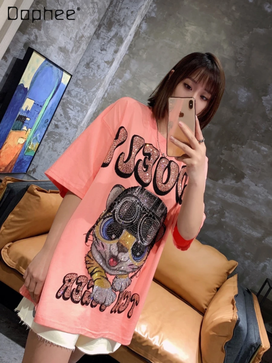 Light Luxury Fashion Brand Cartoon Heavy Embroidery Hot Drilling Cotton Short Sleeves T-shirt Summer Pullover Casual Tshirt Top