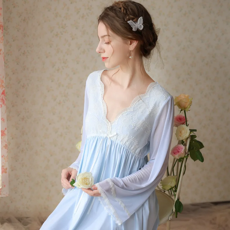 

Sexy Lace V Neck Night Dress Women Fairy Mesh Long Sleeve Peignoir Nighty Vintage Cotton Victorian Nightgowns Princess Sleepwear