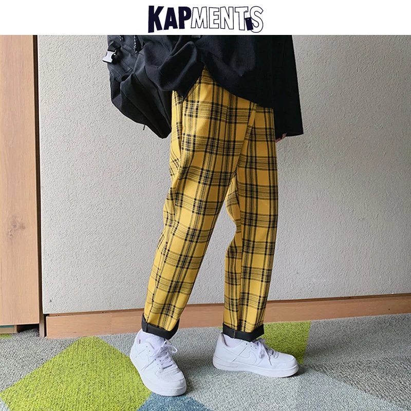 

KAPMENTS Streetwear Yellow Plaid Pants Men Joggers 2022 Man Casual Straight Harem Pants Men Korean Hip Hop Track Pants Plus Size