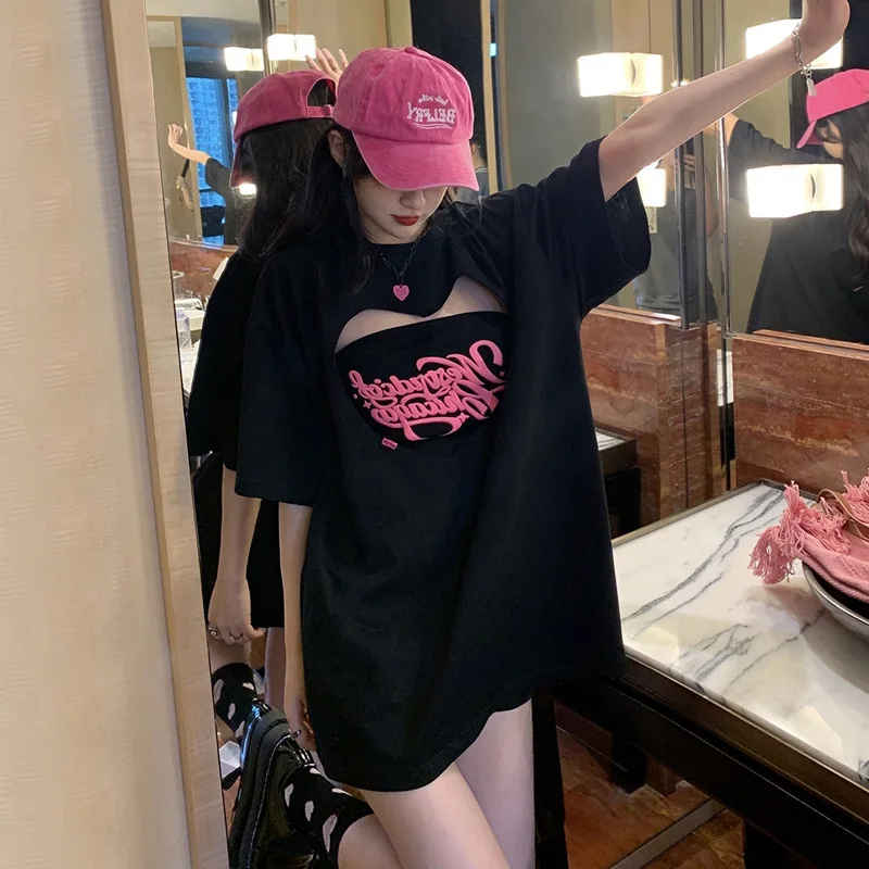 

Hollow-out Love Women's T-shirt Summer New Korean Style Loose Letter Printing Casual Tops Female Fashion Street Short Sleeve Tee