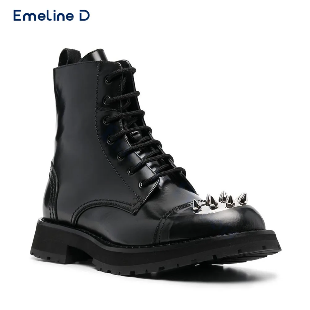 Сапоги на шнуровке с круглым носком черные кожаные повседневные ботинки