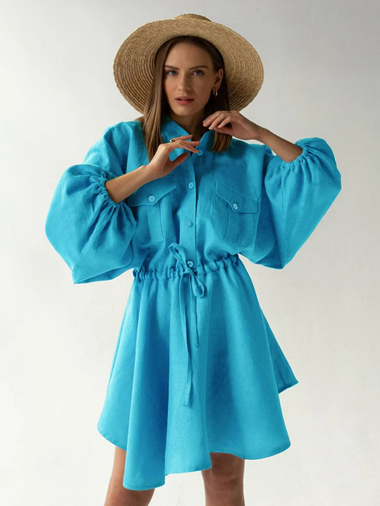 

Chicheca Lantern Sleeve Solid Oversize Drawstring Blue Cotton Linen Short Dress Spring Women Office Lady Fashion Vintage Vestido