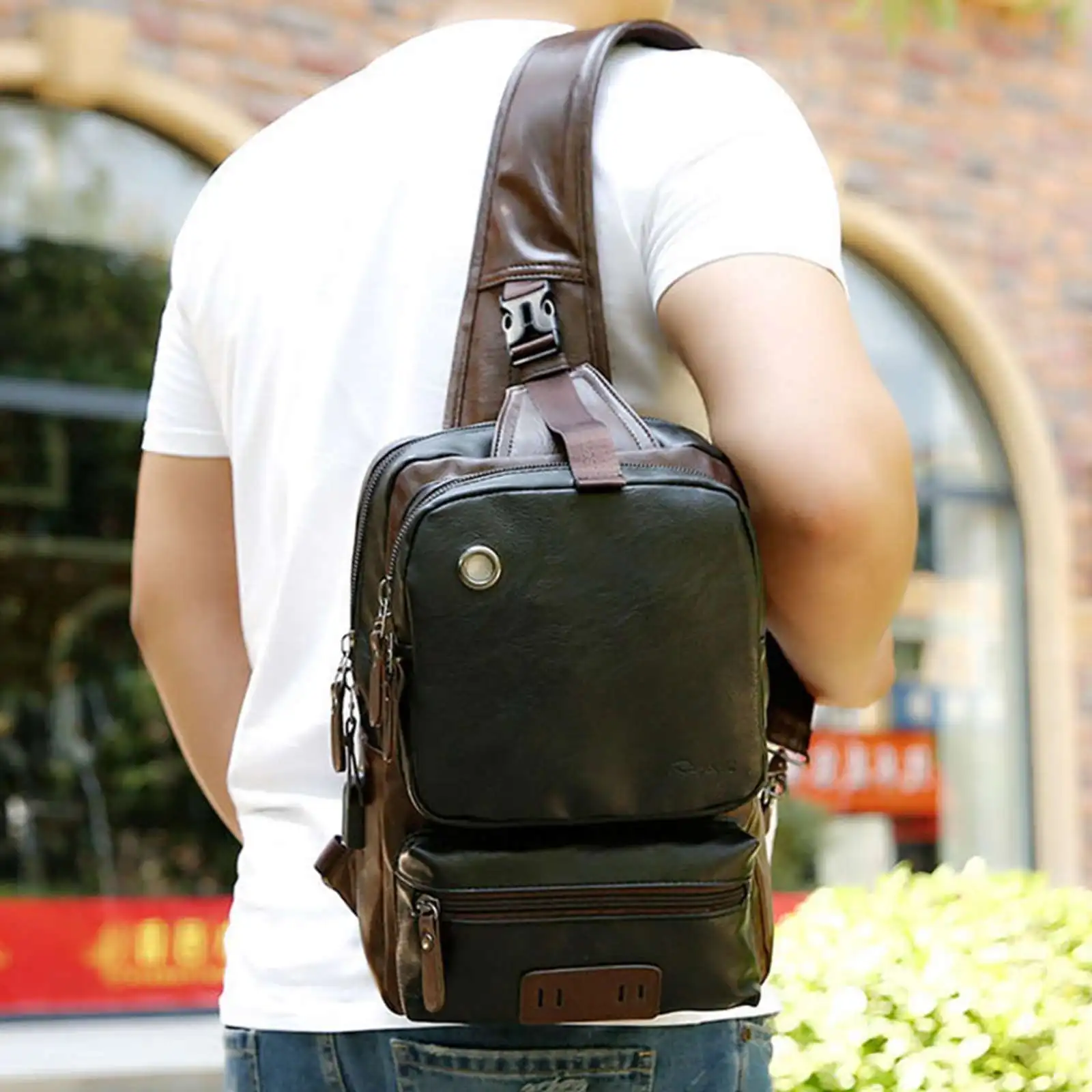 2022 New Fashion Men's USB Charging Anti-theft Chest Bag Casual Retro PU Shoulder Bag Men's Outdoor Riding Sports Messenger Bag