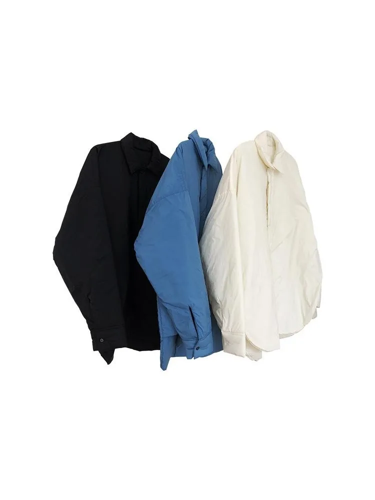 2022 Fall Winter Korean Design Sense Quality Lapel Shirt Style Cotton-Padded Parka Jacket Women Loose White Black Long Warm Coat