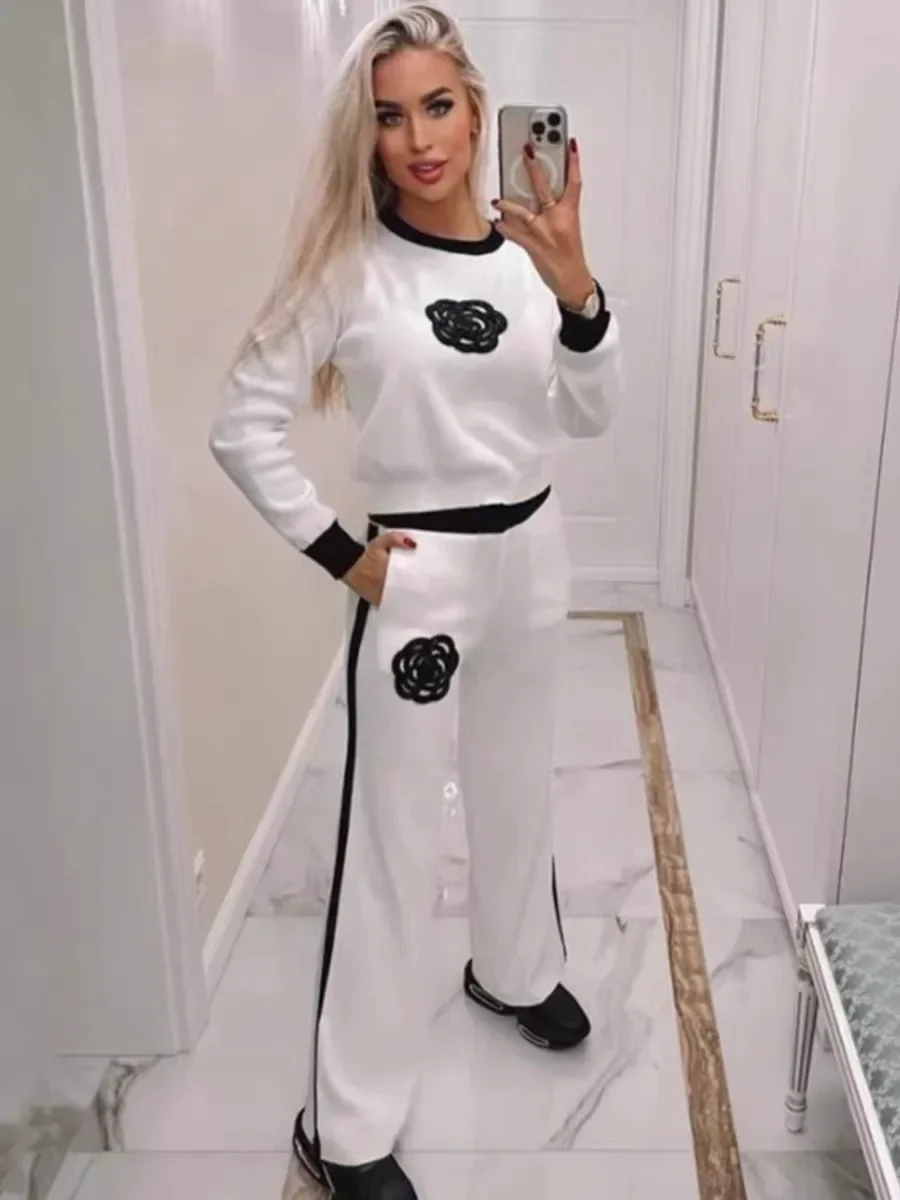 Женский вязаный комплект из двух предметов пуловер с круглым вырезом и длинными