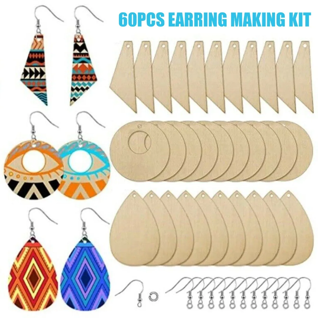 

60Pcs Earring Making Kit Unfinished Wooden Earrings Pendants Earrings Hooks DIY Jewelry Making Supplies Ideal Gift For Friends