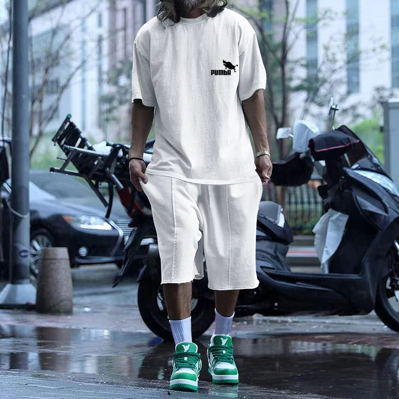 Summer Hot Sale Solid Color men's Street Trendy men's Casual Two-Piece Short-Sleeved T-shirt + Loose Shorts