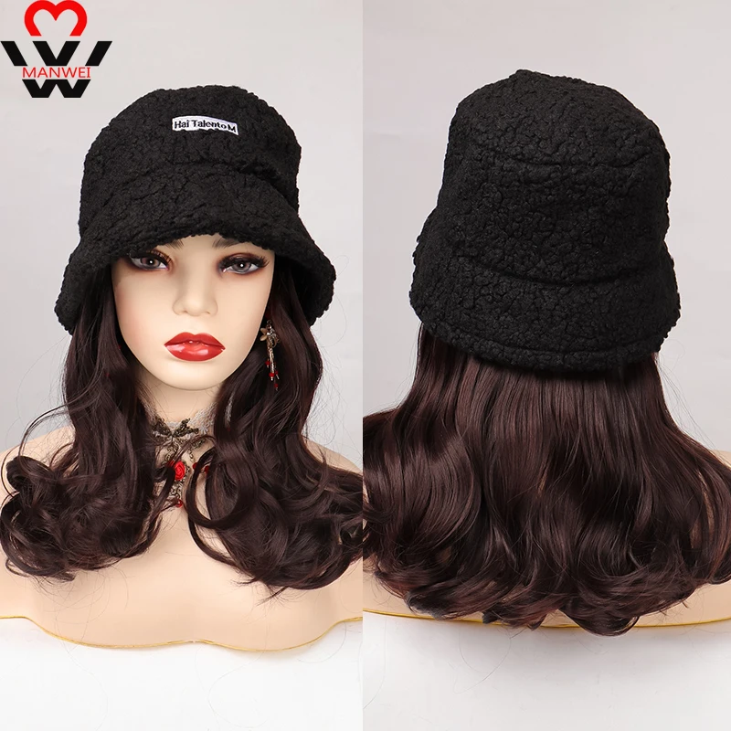 

MANWEI синтетические волосы с шапкой парик натуральные волосы цвет коричневый черный для женщин девочка зимние теплые волосы шерстяная шляпа ...