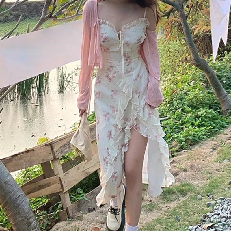 

Женское платье с разрезом, длинная юбка с оборками, лето 2022