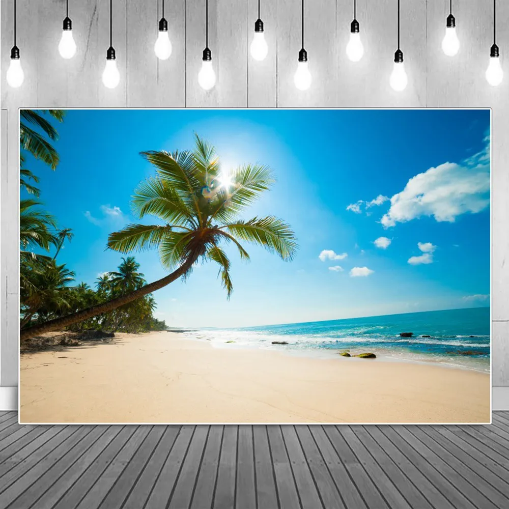 

Tropical Seaside Scenic Photography Backgrounds Bokeh Palm Trees Sea Beach Sands Summer Holiday Party Decoration Photo Backdrops