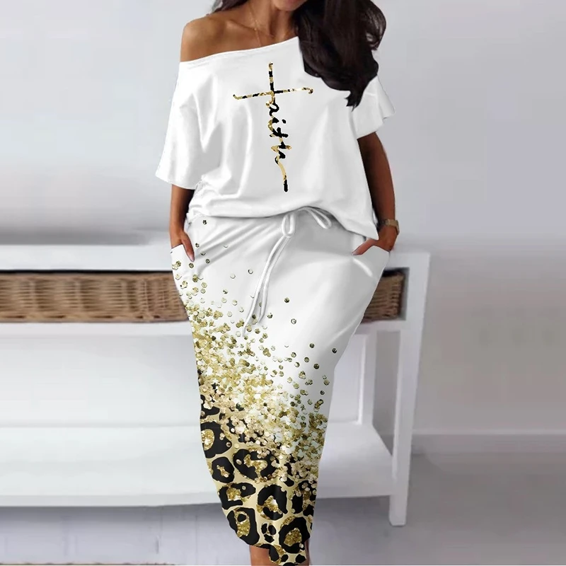 

Женский комплект из двух предметов, повседневный топ с буквенным принтом и юбка на шнуровке с леопардовым принтом, женский летний комплект Макси-платья