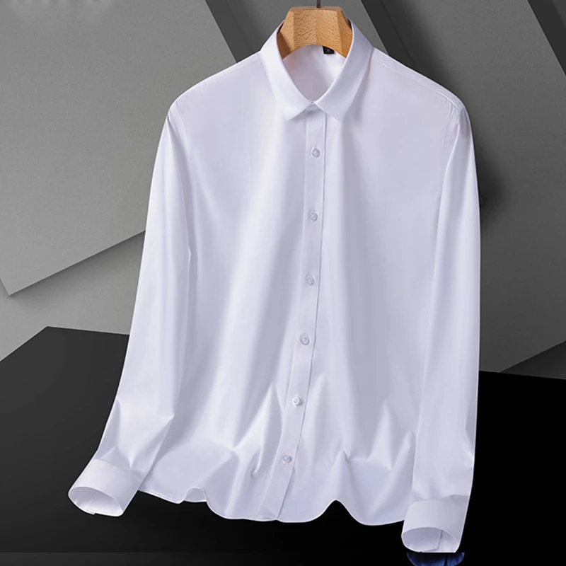 New autumn and winter  elastic bamboo fiber men's solid color long sleeve shirt, no trace, no iron business casual shirt