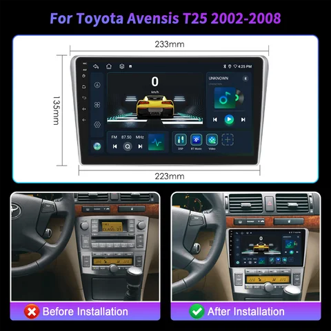 Автомобильный радиоприемник мультимедиа для Toyota Avensis T25 2002-2008 Android 14, навигационный мультимедийный беспроводной BT Carplay 7862 2K QLED экран