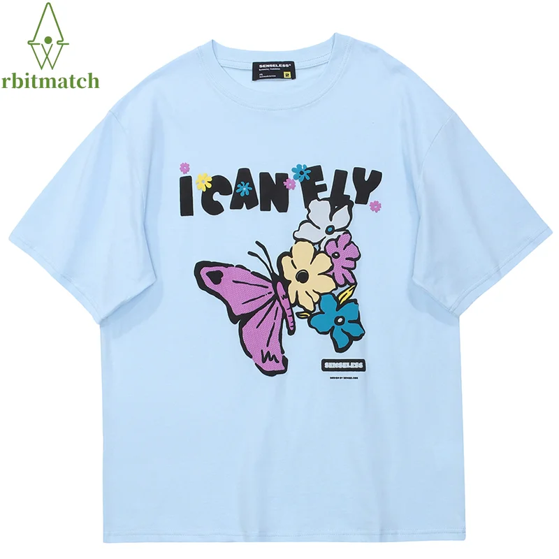 

Футболка мужская в стиле Харадзюку, уличная одежда в стиле хип-хоп, винтажная тенниска с принтом бабочки и надписью, хлопковая повседневная ...