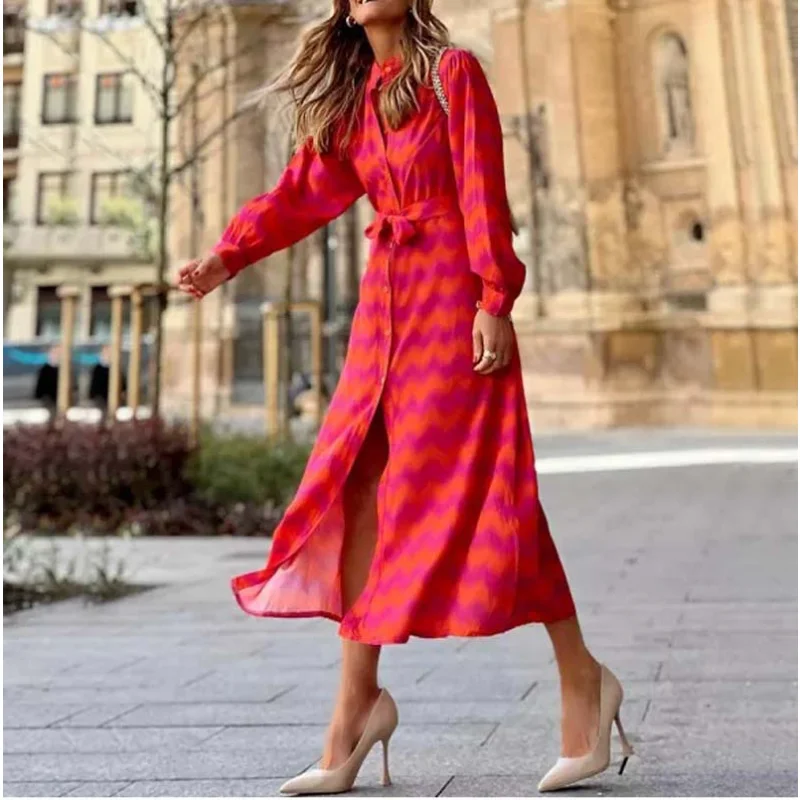 

2023 Spring Split Button Neck Long Dress Fashion temperament Commuter Long Sleeve Leopard print dress