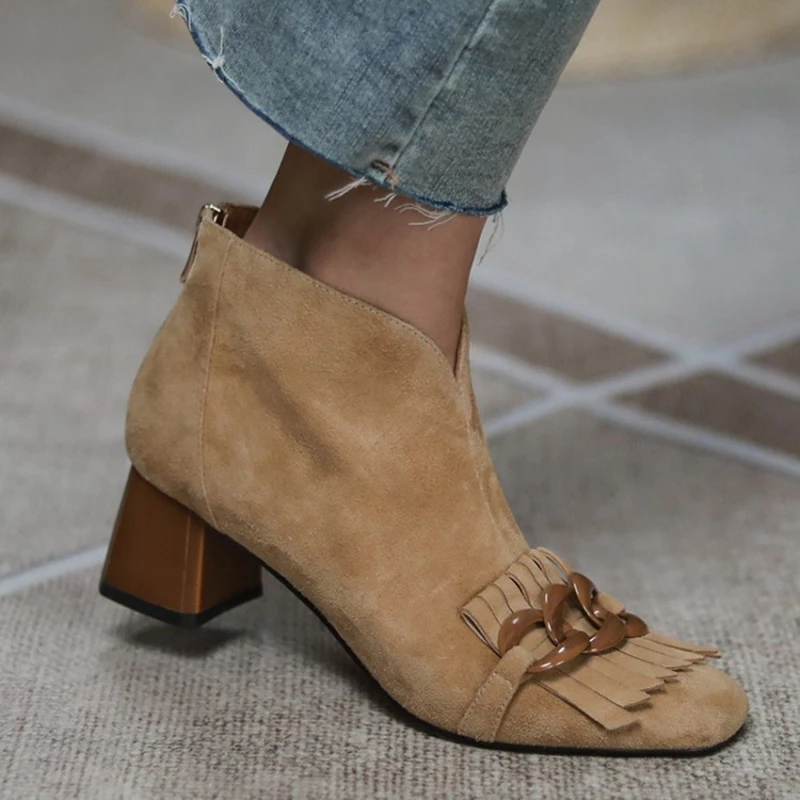 

2022 Autumn/Winter Women Boots Sheep Suade Round Toe Square Heel Mid-Heel Ankle Boots Fringed Zipper Fashion Office Lady Shoes
