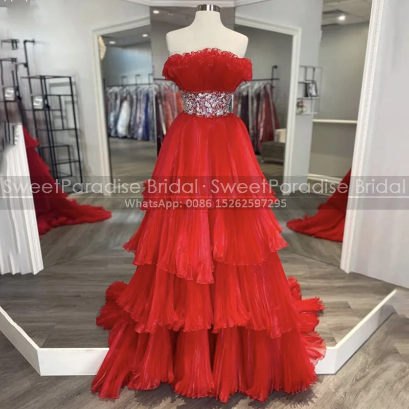

Роскошное Многоярусное вечернее платье А-силуэта с кристаллами, без бретелек, красная юбка из органзы, женское платье для выпускного вечера...