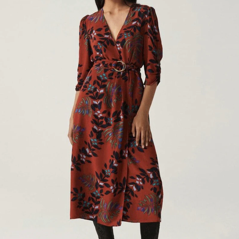 2023 New Printed Elegant Wrap V-neck Mid-Sleeve Dress for Women