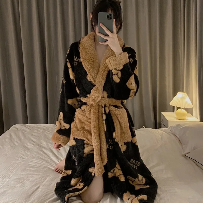 

Lapel Robe Printing Nightgown Sleep Dress Long Sleeves Home Clothing Coral Flannel Bathrobe Morning Gown Cardigan Kimono