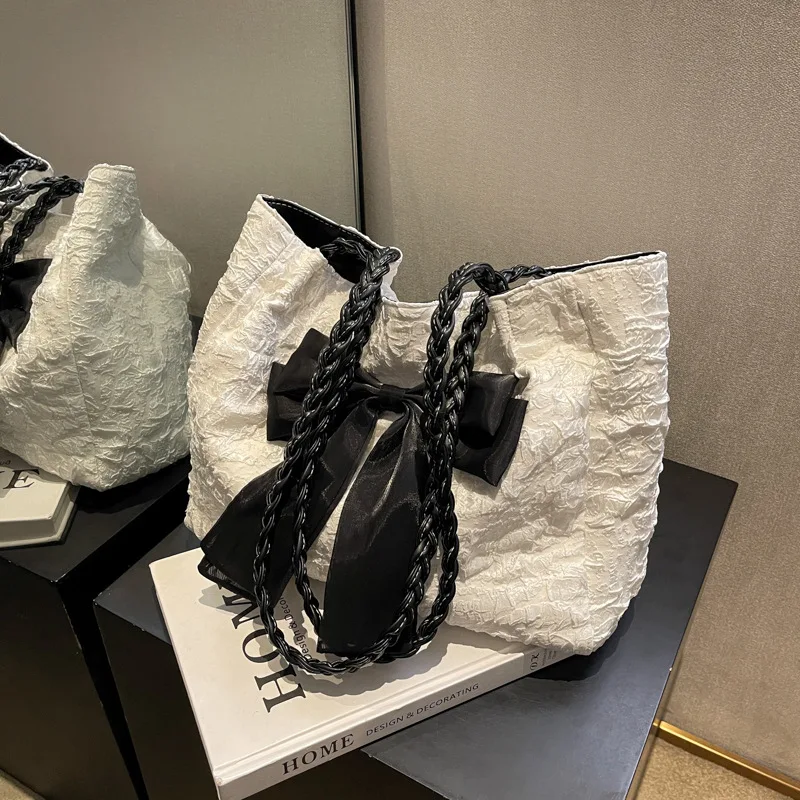 Fashionable Women's Shoulder Bag with Butterfly Knot and Pleats, Large Capacity Tote Bag for Commuting in 2023