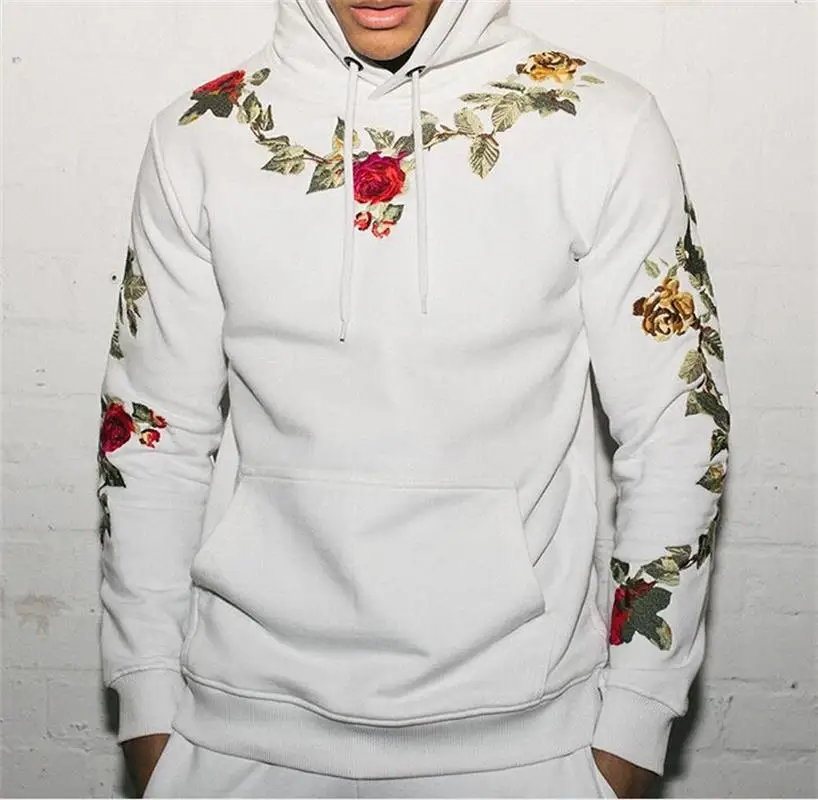 

Men Regular Fit Rose Embroidery Hoodie Spring Autumn Casual Long Sleeve Men's Sweatshirt Fashion Daily Pullover Hoodie Clothing