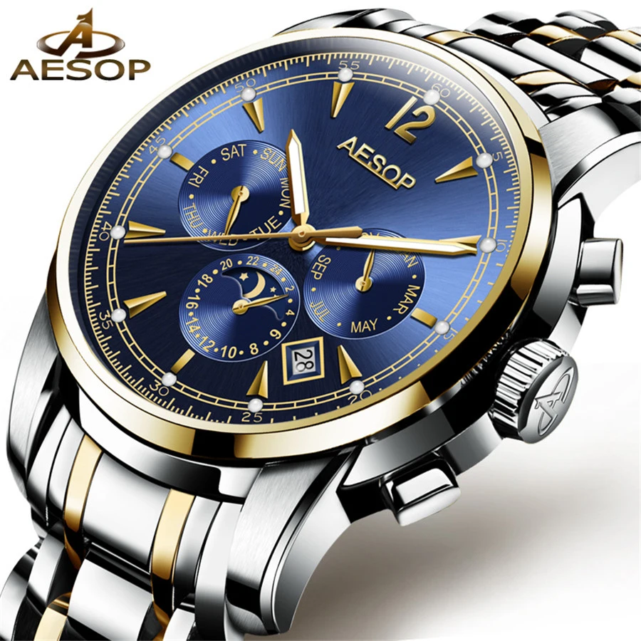 AESOP Sapphire Glass Automatic Mechanical Watch Mens Sport Blue Dial Business Watches Moon Phase Calendar Watch Reloj Hombre