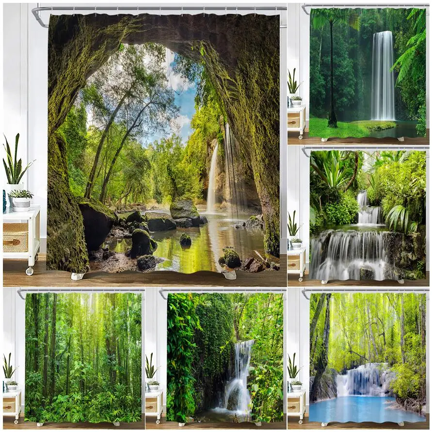 

Forest Cave Waterfall Landscape Shower Curtains Tropical Plant Trees Vines Nature Scenery Garden Wall Hanging Bathroom Decor Set