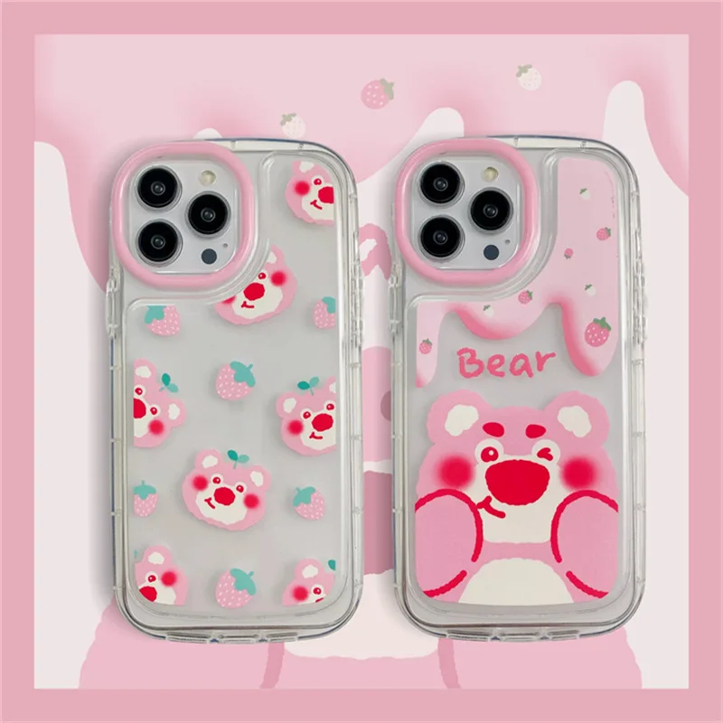 

AirBag Simple Cartoon Cute Strawberry Bear Phone Case Cover for IPhone 11 12 13 Pro X XR Max Shockproof Case for IPhone 13 Cases
