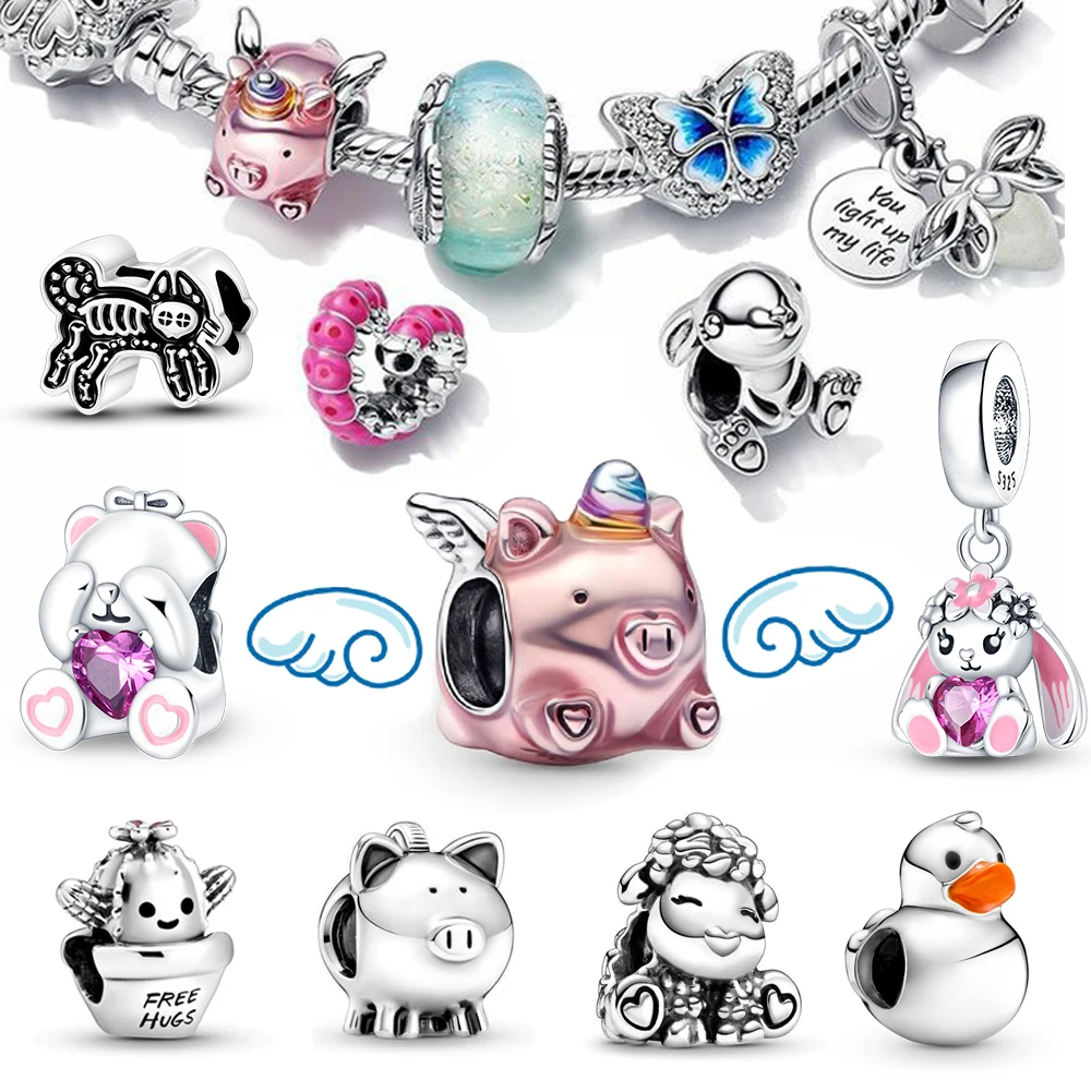 Cute Colorful S925 Sterling Silver Beads Pink Enamel Flying Pig Charm Fit Pandora Bracelet & Bangle DIY Jewelry Necklace Gift