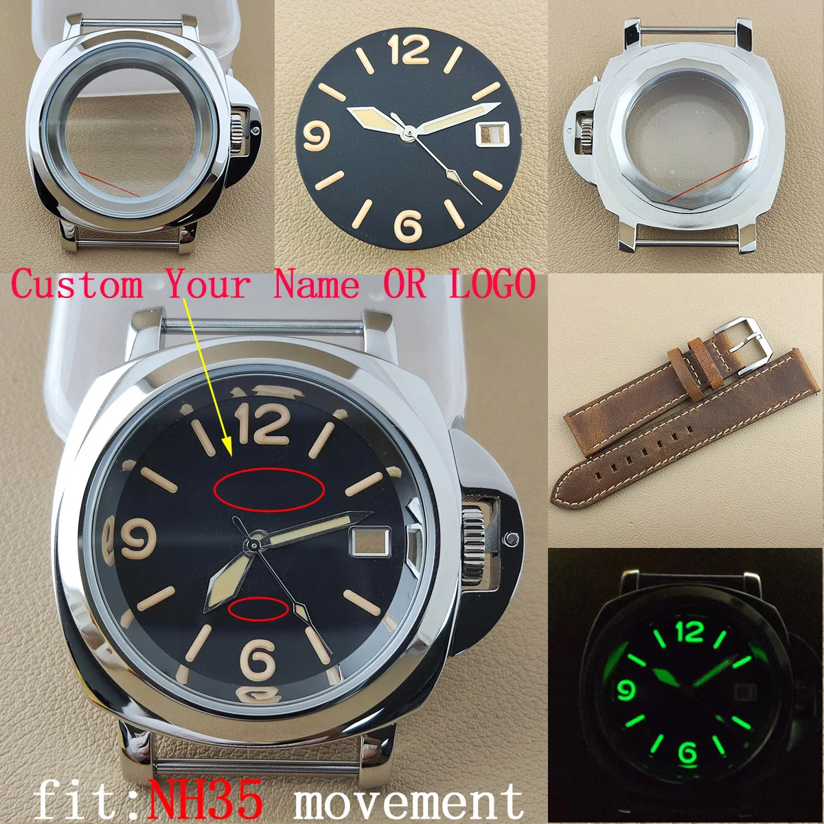 

40mm nh35 Men's Watch case custom logo 316L Stainless Steel Sapphire Crystal nh35 Case nh36 movenent Transparent back cover