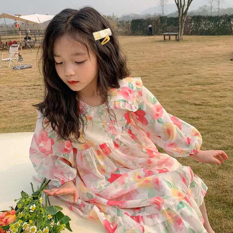 TILAMEHO 2022 Spring Autumn Girls Dress Children Long Sleeve Flower Print Princess Party Wedding Baby Pink Dresses Loose Clothes