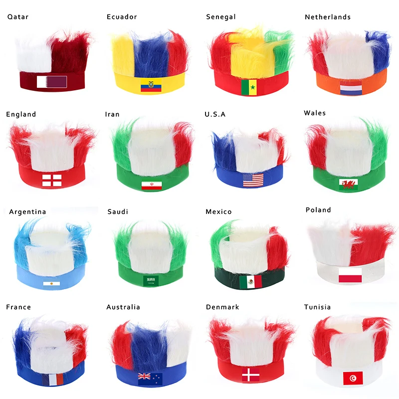 2022 Qatar World Cup 32 Powerful Countries Wig Cap England Belgium Morocco Mexican Football Fan Funny Party Hat Empty Men's Cap