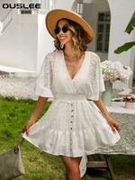 summer women white lace dress 2022 fashion flare sleeve ruffles mini dress sexy v neck a line short party dress female vestidos