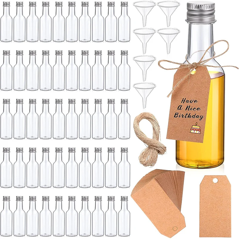 

100 Pcs Mini Liquor Bottles Set,1.7oz Plastic Spirit Bottles Mini Plastic Alcohol Shot Bottles, 6 Liquid Funnels and Kraft Tags