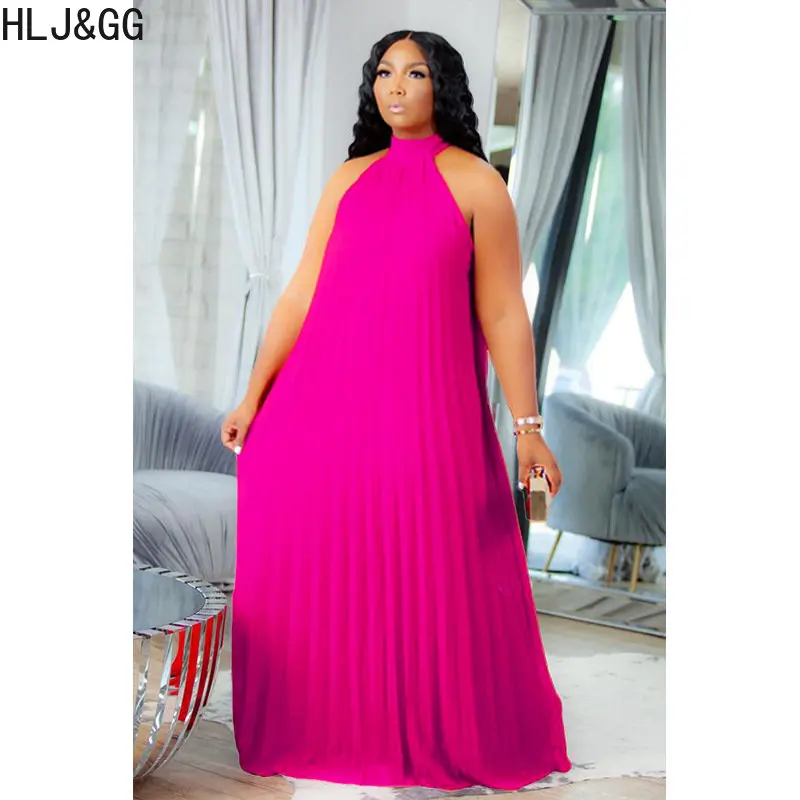 HLJ&GG Summer Sleeveless Loose A-line Dresses Plus Size Women Solid Color Floor Robe Vestidos Female Halter Party Club Clothing