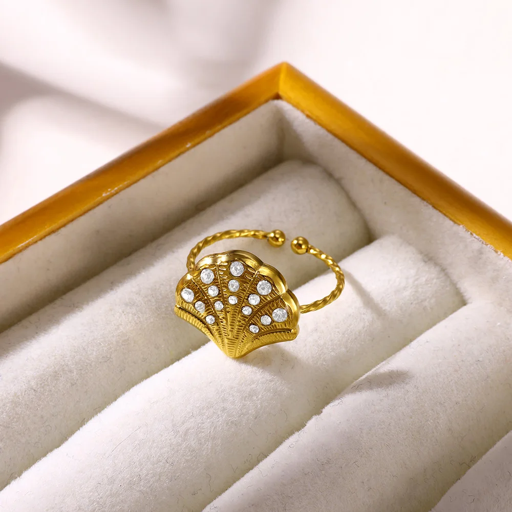 Delikatny pierścionek z cyrkonią dla kobiet złoty kolor muszla ze stali nierdzewnej otwarte pierścionki Vintage ślub para biżuteria akcesoria