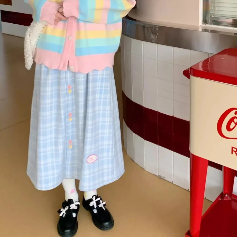 Фото Sweet Kawaii Mori Girl Style Синяя клетчатая длинная юбка трапециевидной формы Женская осенне-зимняя японская милая твидовая свободная макси-юбка с высокой талией №3